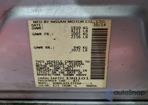 2015 Nissan Altima 2.5 z USA, uszkodzony, nr VIN 1N4AL3AP2FC190101